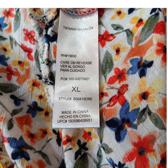DEMOCRACY Blouse Top Shirt Size‎ XL Boho Floral Ruffled V-Neck Yellow Blue - Picture 7 of 10